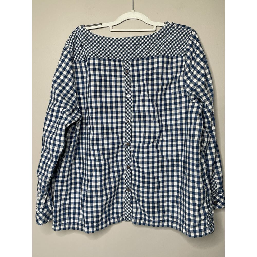 J Jill XL Blue White Gingham Check Cotton Blouse Boat Neck Button Front Cottagec - Picture 2 of 13